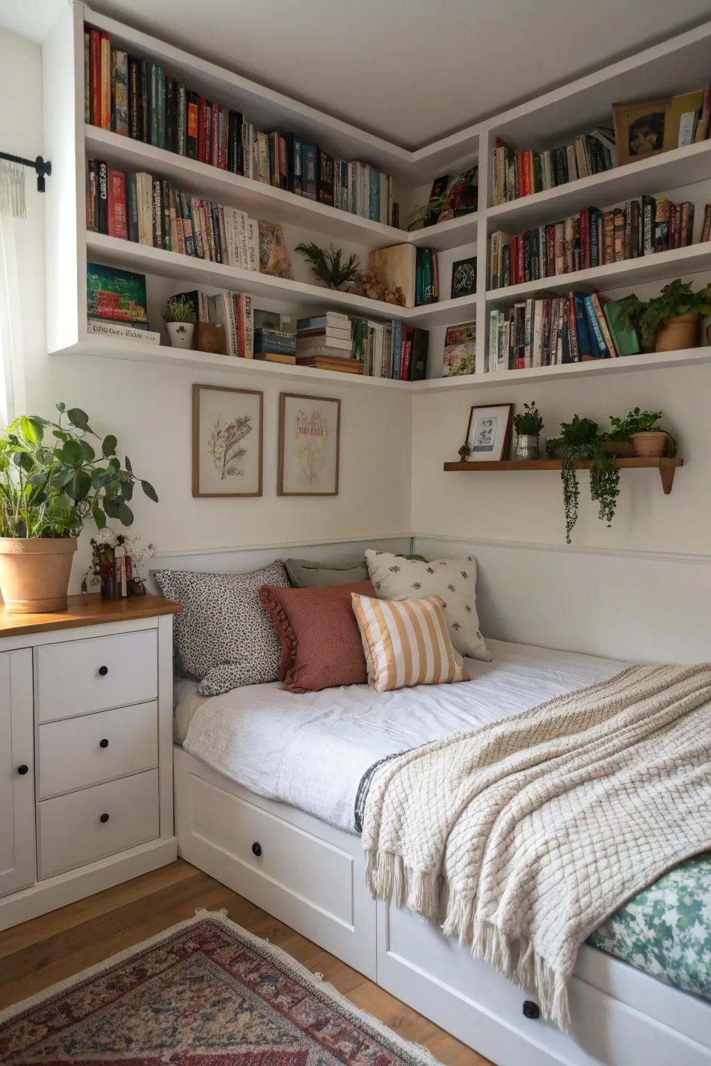 Incorporated shelving units improve style and storage capacity situated over a corner bed.