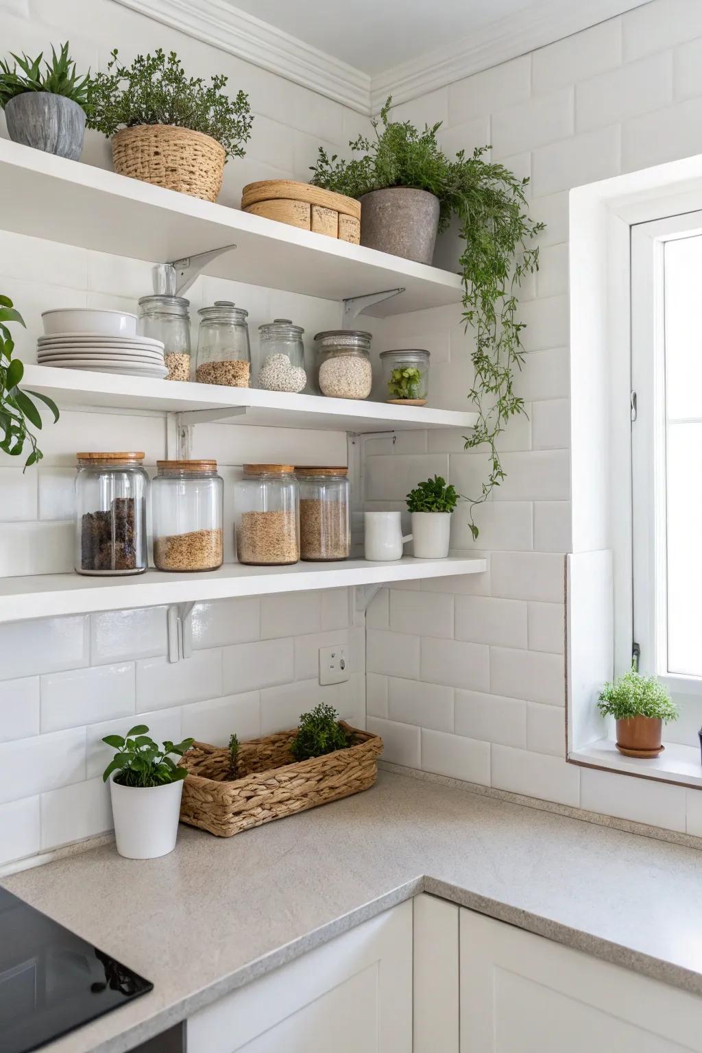 Minimalist decor keeps the kitchen tidy with open ledges.