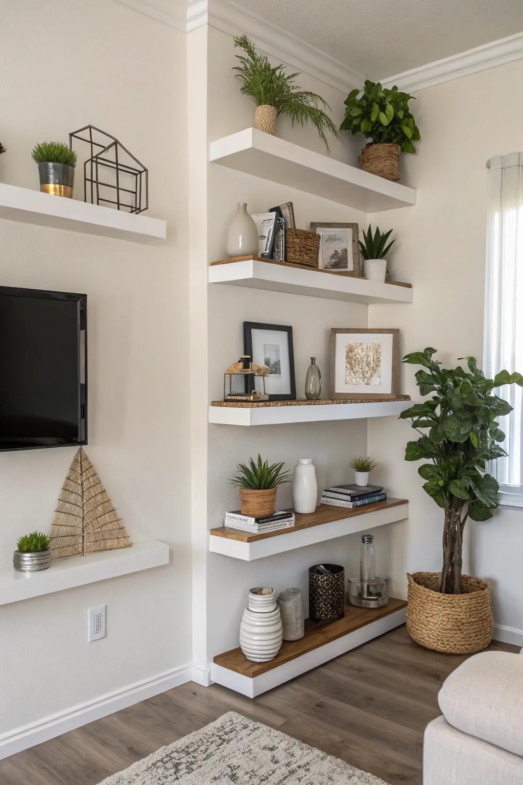 Minimalist floating corner shelves showcasing decorative items.