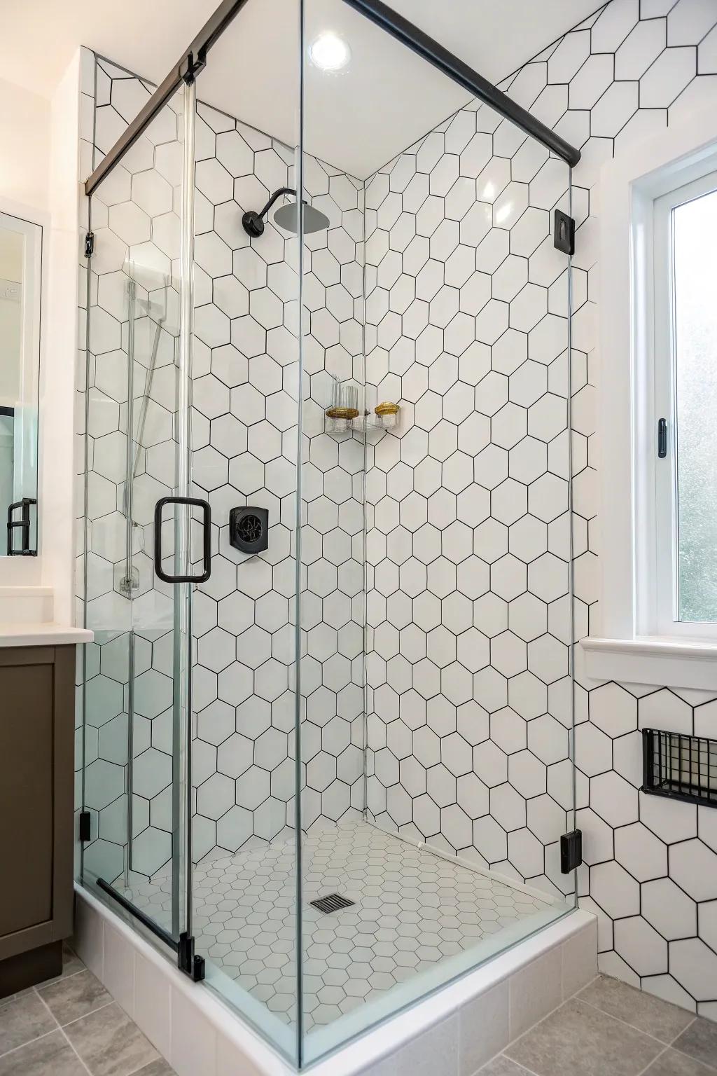 Multi-sided facets append a modern geometrical charm to your shower.