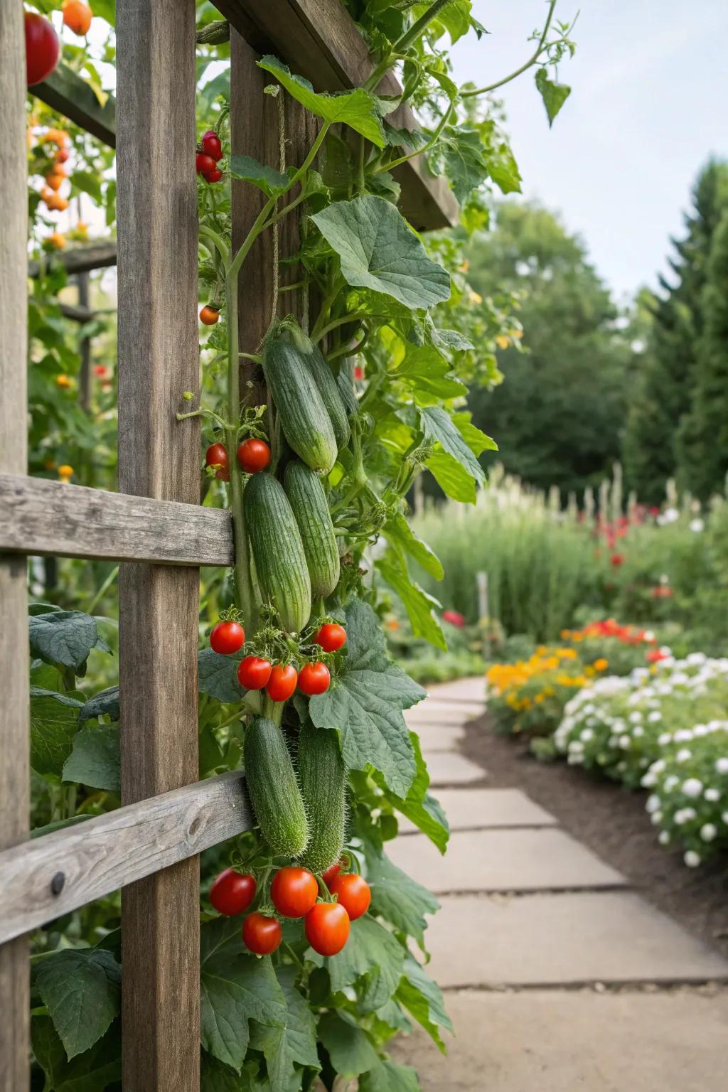 An upright vegetable plot displaying cucumbers and tomatoes on a trellis.