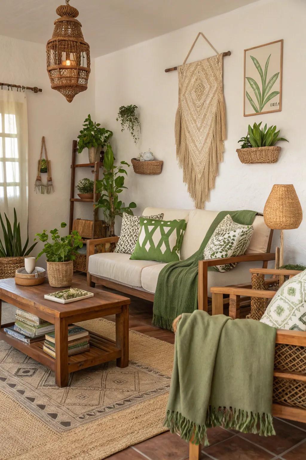 A tranquil living space exhibiting a soothing naturalistic color scheme.
