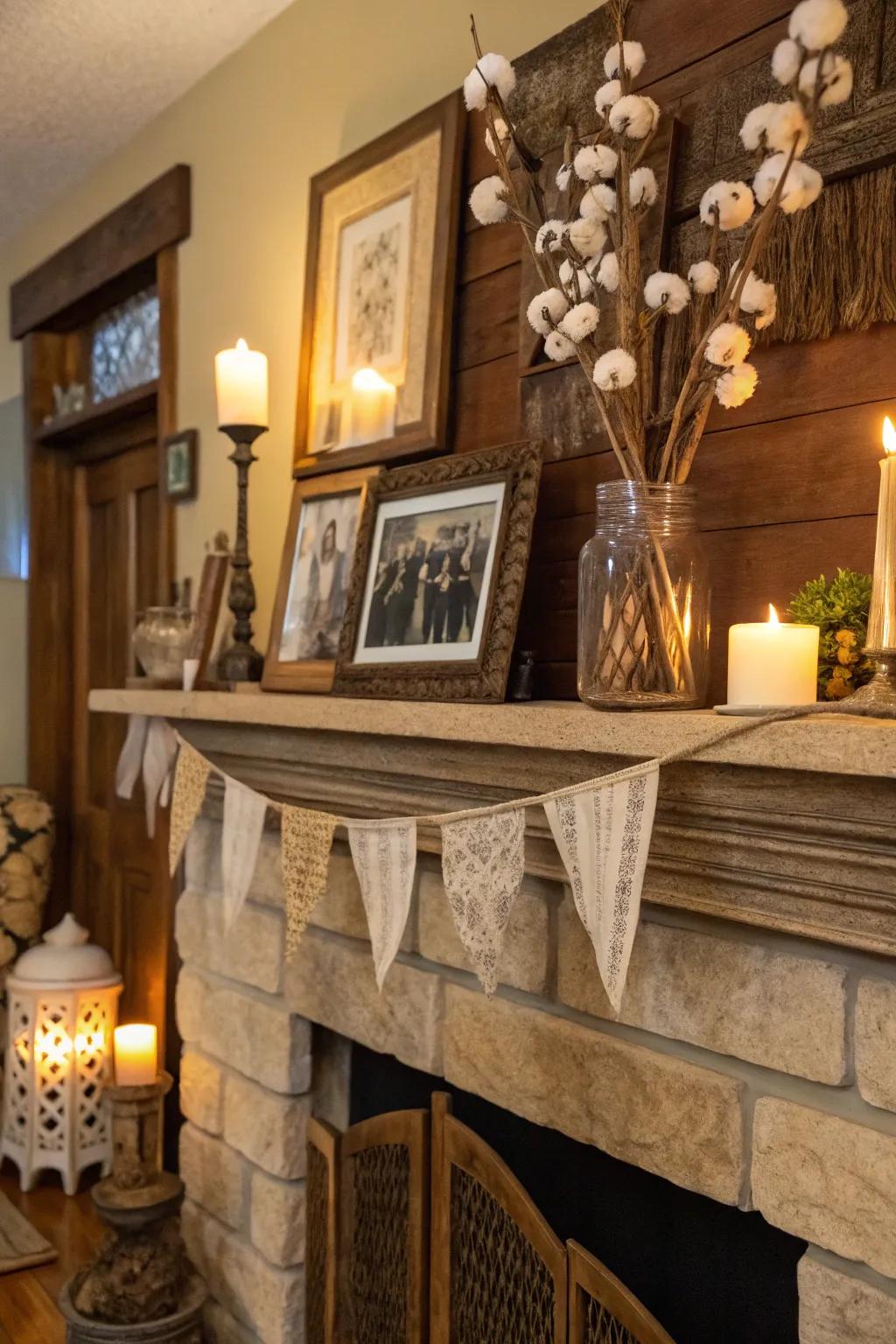 Vintage allure created with mason jars and cotton stems.