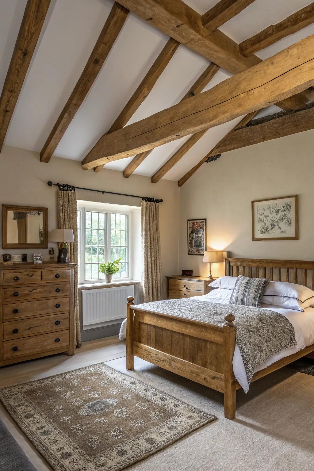 Natural wood elements bring warmth and character to the bedroom.