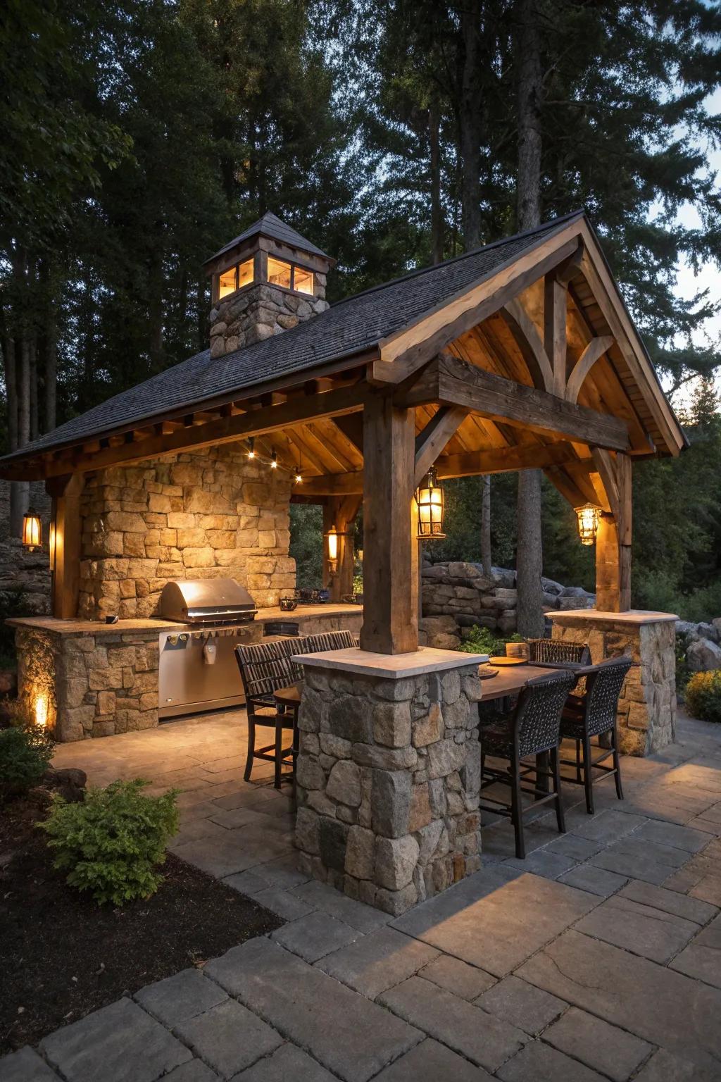 A stone and wood fusion shelter establishing a refined, yet country-inspired grilling area.