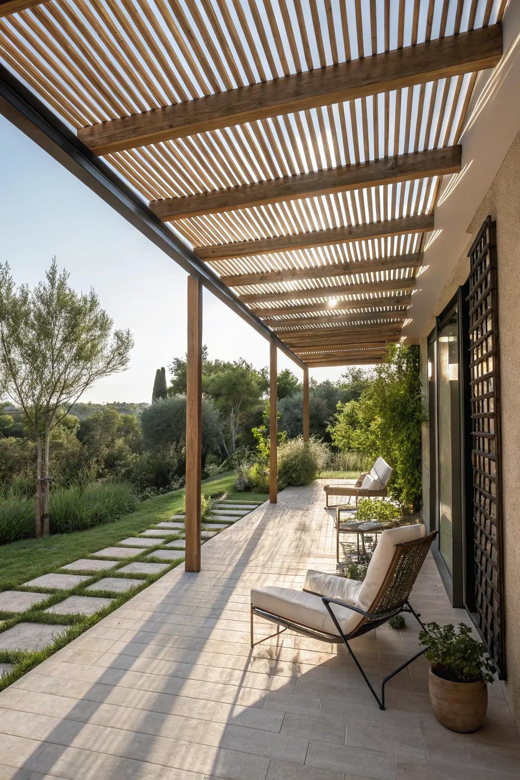 Strike a delicate equilibrium between sun and shade through a slim lath arbor.