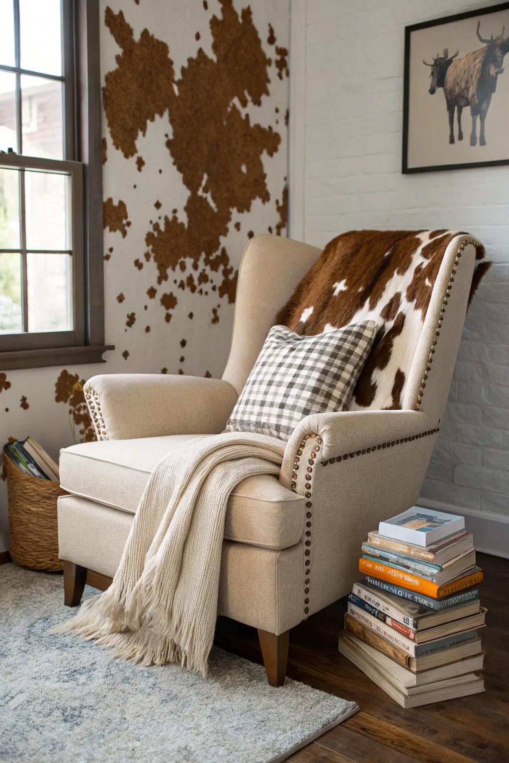 A cozy nook made more inviting by a backdrop crafted from cowhide.