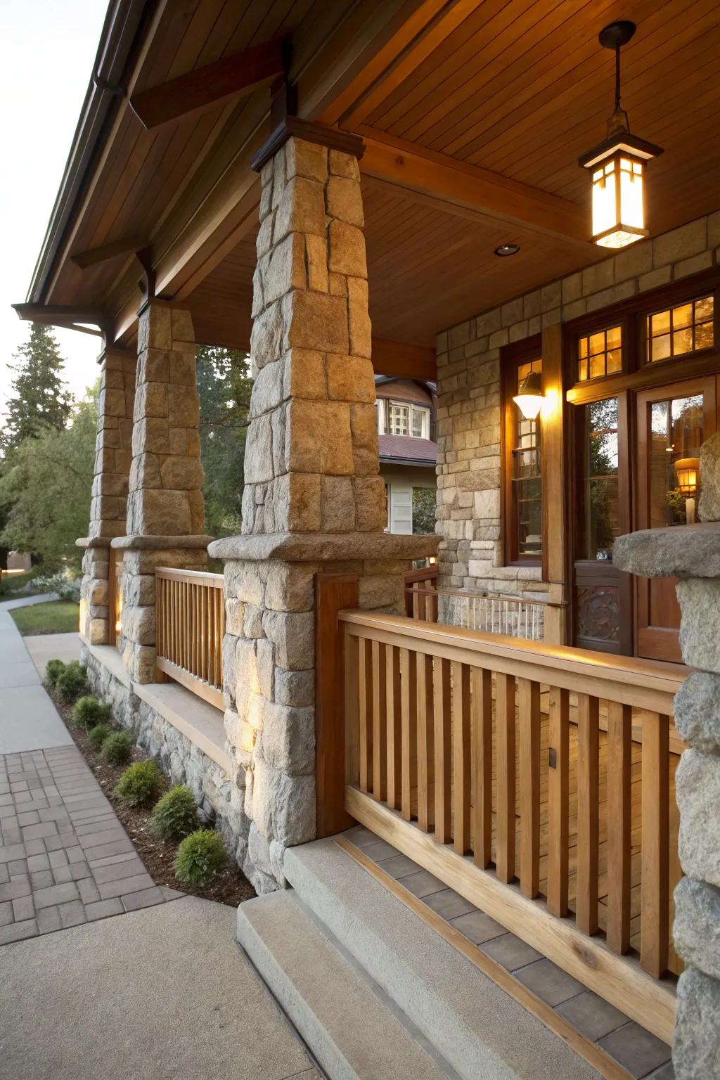 Stone and timber coalesce to form a balanced Craftsman porch aesthetic.