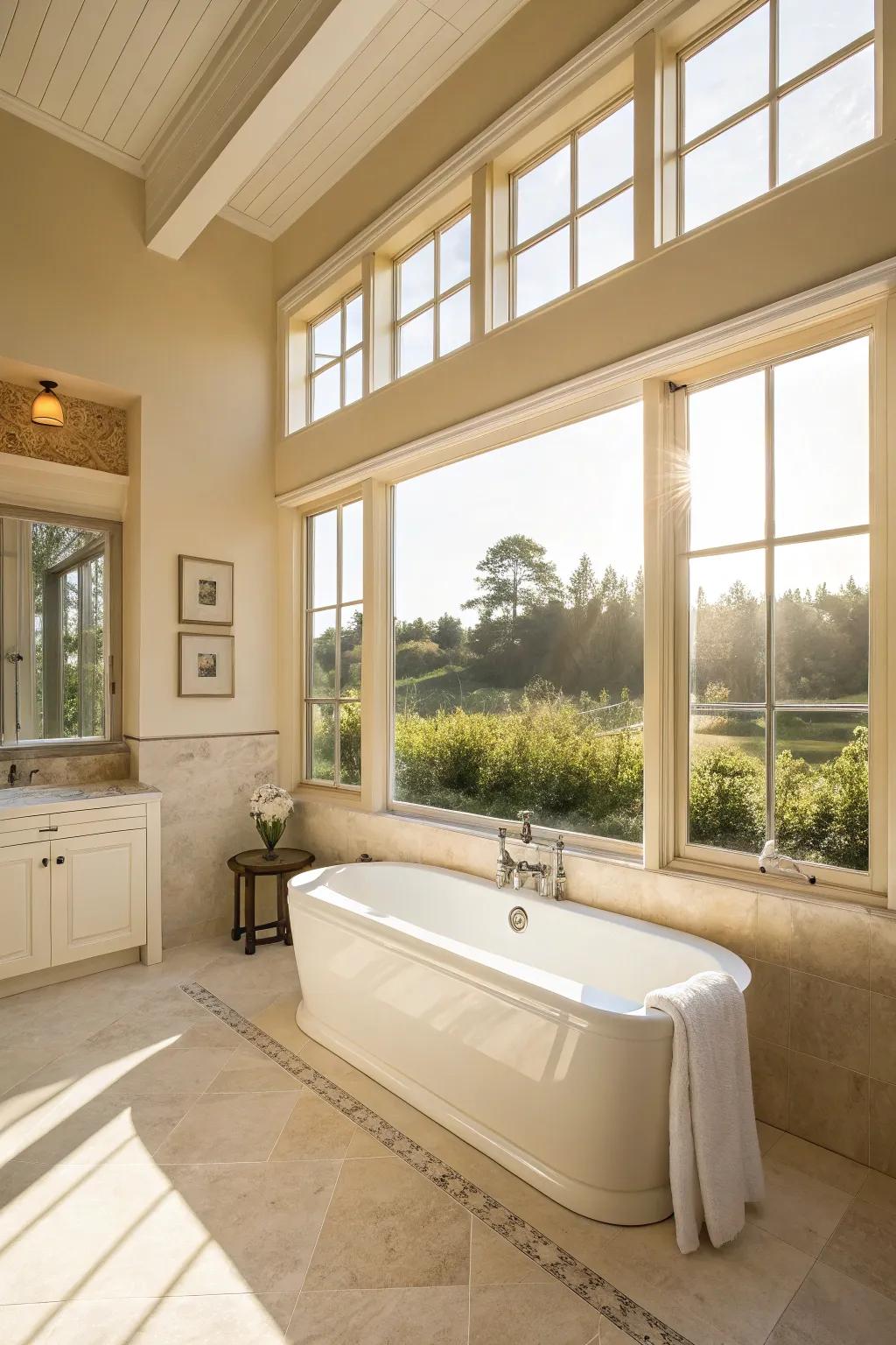 Sunlight wonderfully enhances the cream hues within this bathroom.