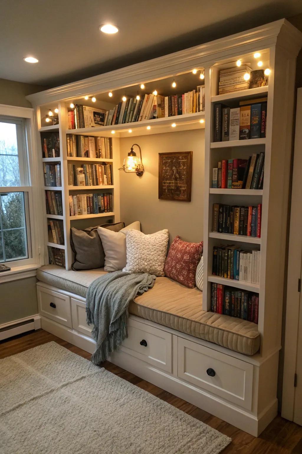 Multi-functional bookshelves optimize space and functionality.
