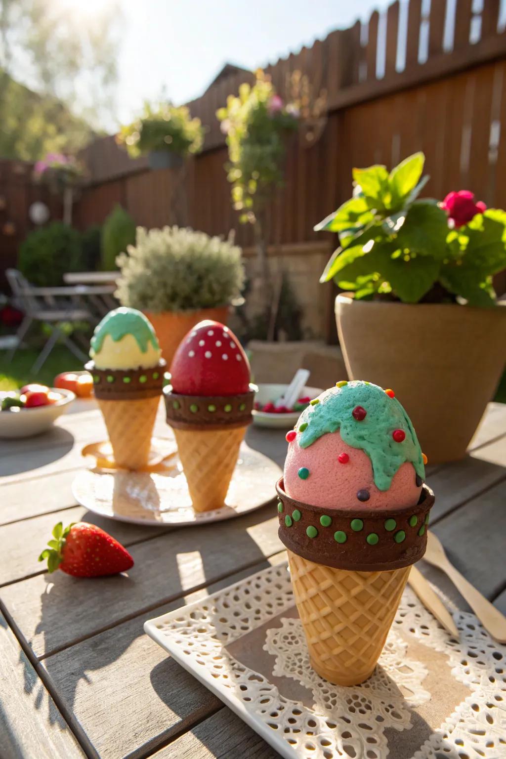 Eggs metamorphosed into tantalizing frozen dessert cones, impeccable for summer aesthetics.