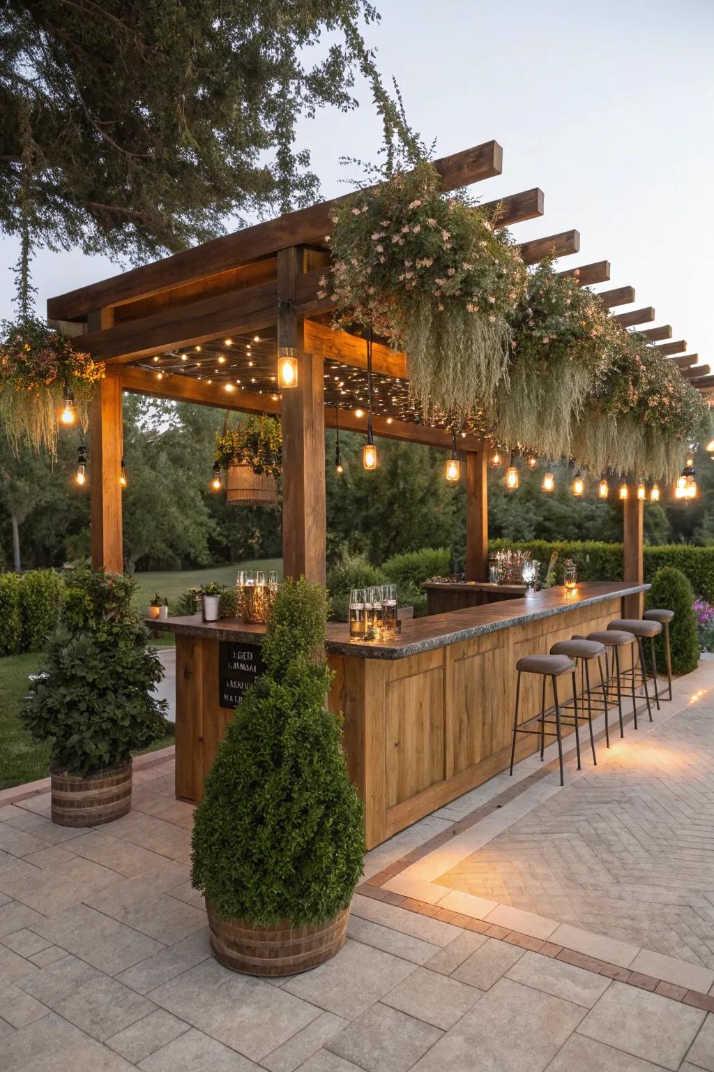 A pergola contributes refinement and practicality to this outdoor bar.