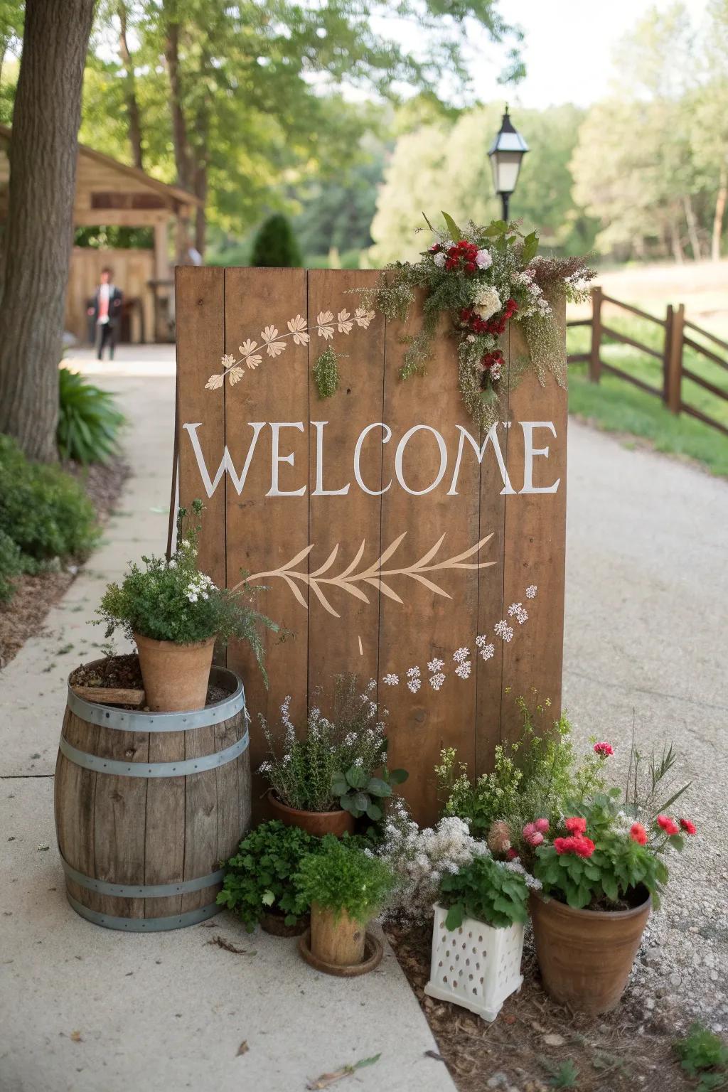 Earthy wood signs contribute a snug, vintage ambiance to any entrance.