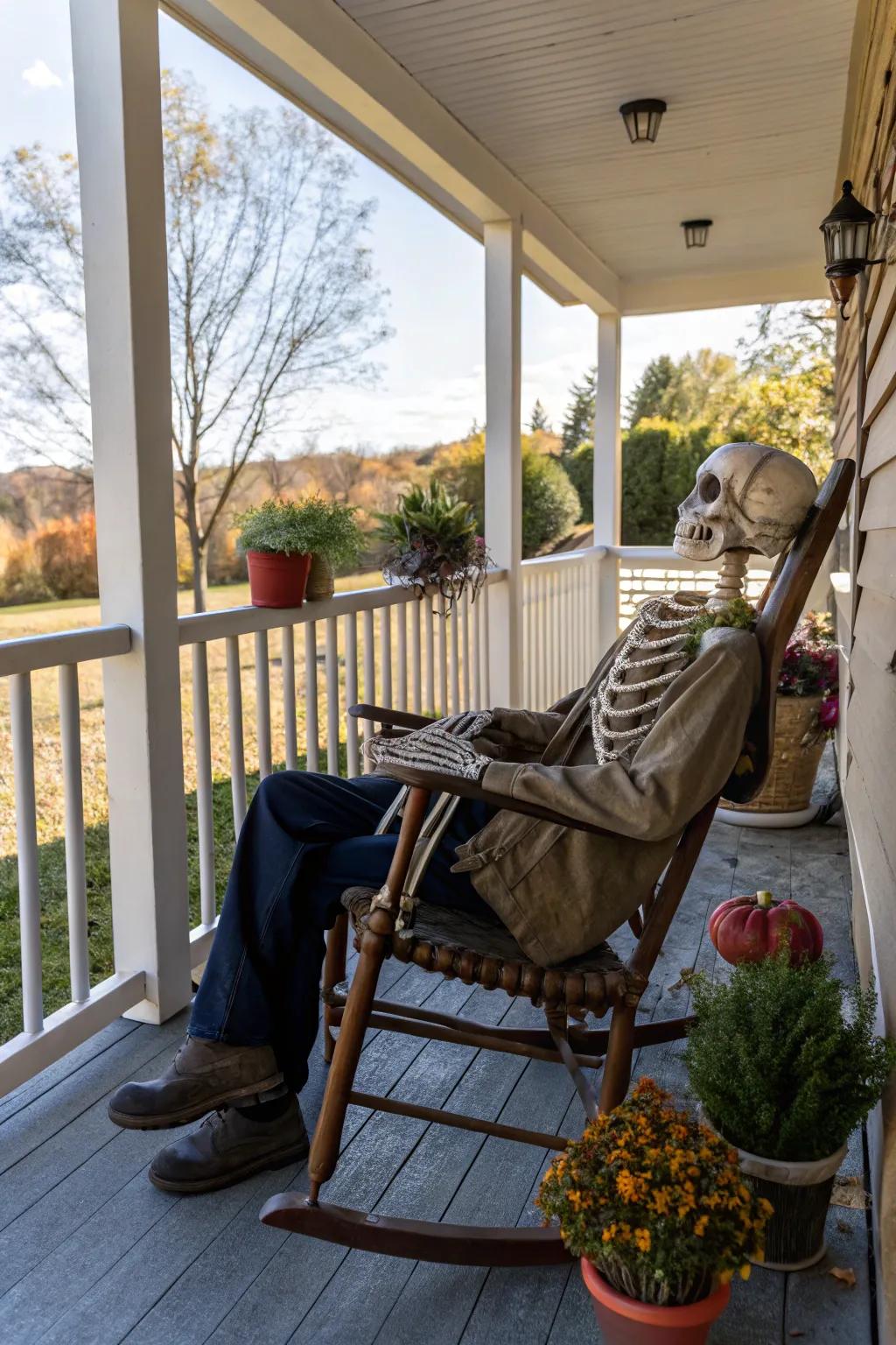 A skeleton greeter offers a humorous Halloween welcome.