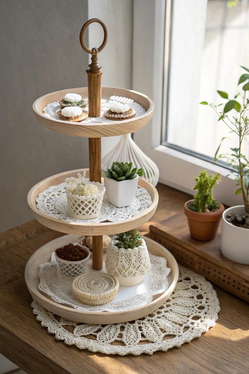 Refine your crochet display with graduated treat stands for a stylish and space-efficient craft fair exhibition!