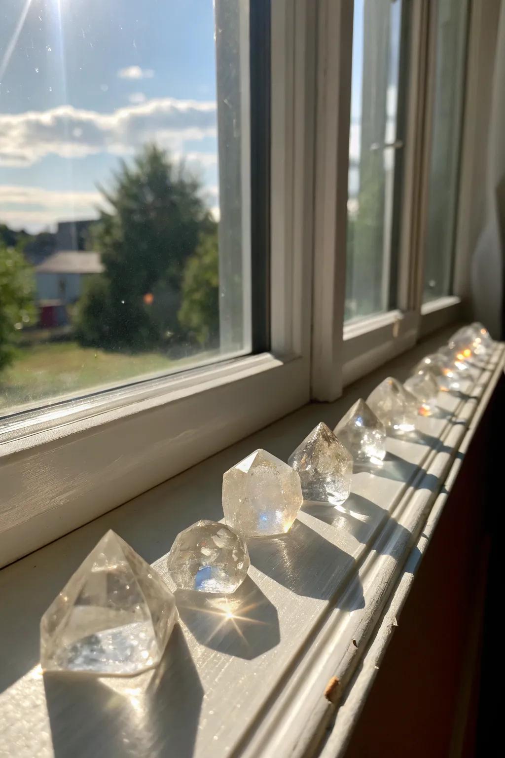 Crystals positioned on a sill, seizing and reflecting light.