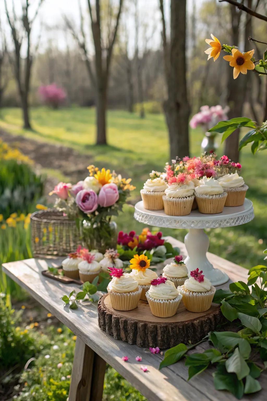 Garden setting highlighting the natural aesthetic of the cupcake display.