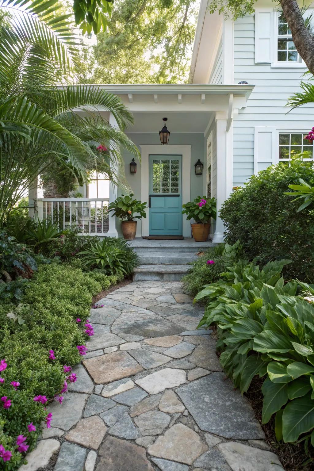Stone pathways provide a welcoming and rustic entrance to your dwelling.