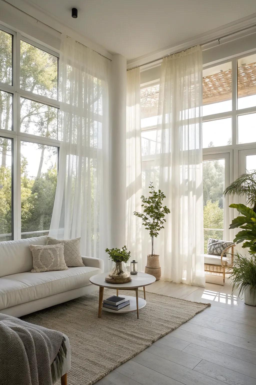 Semitransparent drapes deliver privacy while maintaining an illuminated and airy ambiance.