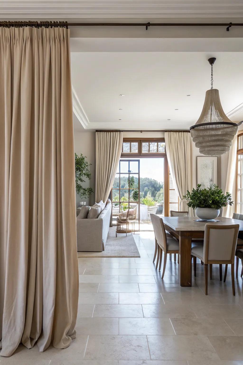Neutral-toned curtains fashion distinct zones in an open floor plan.