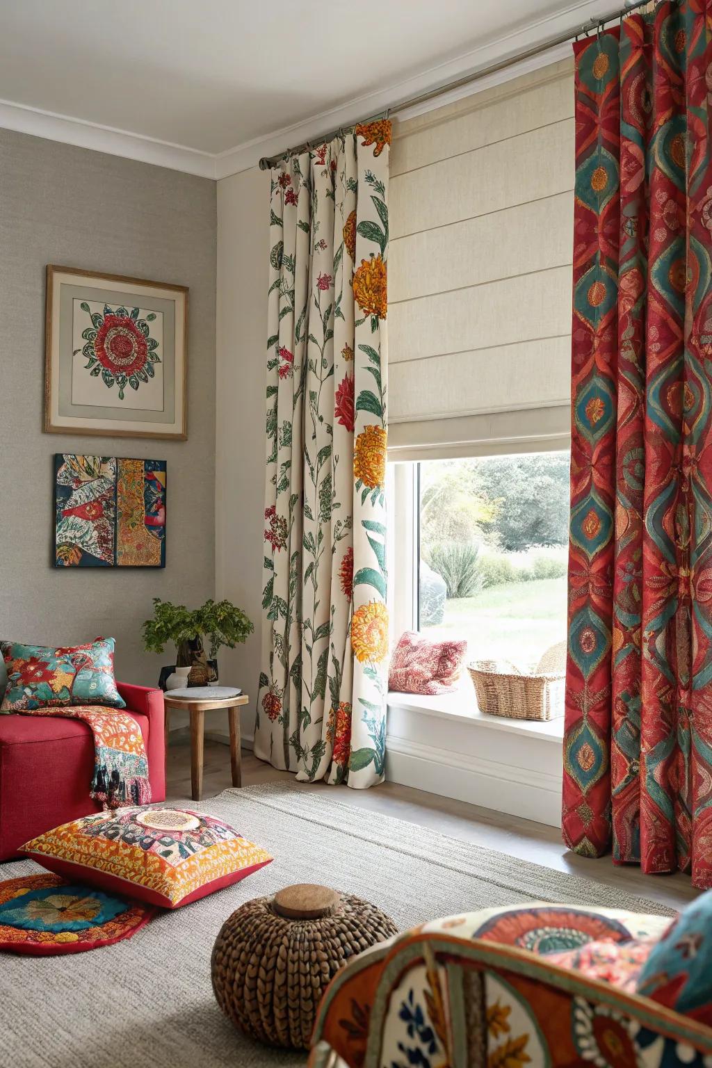 Intricate patterns atop simple blinds generate a striking declaration.