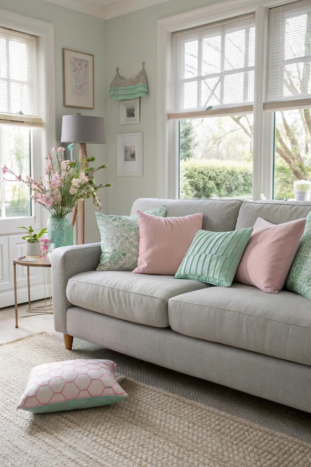 Mild cushions emit a soothing and calming feeling to a grey couch.