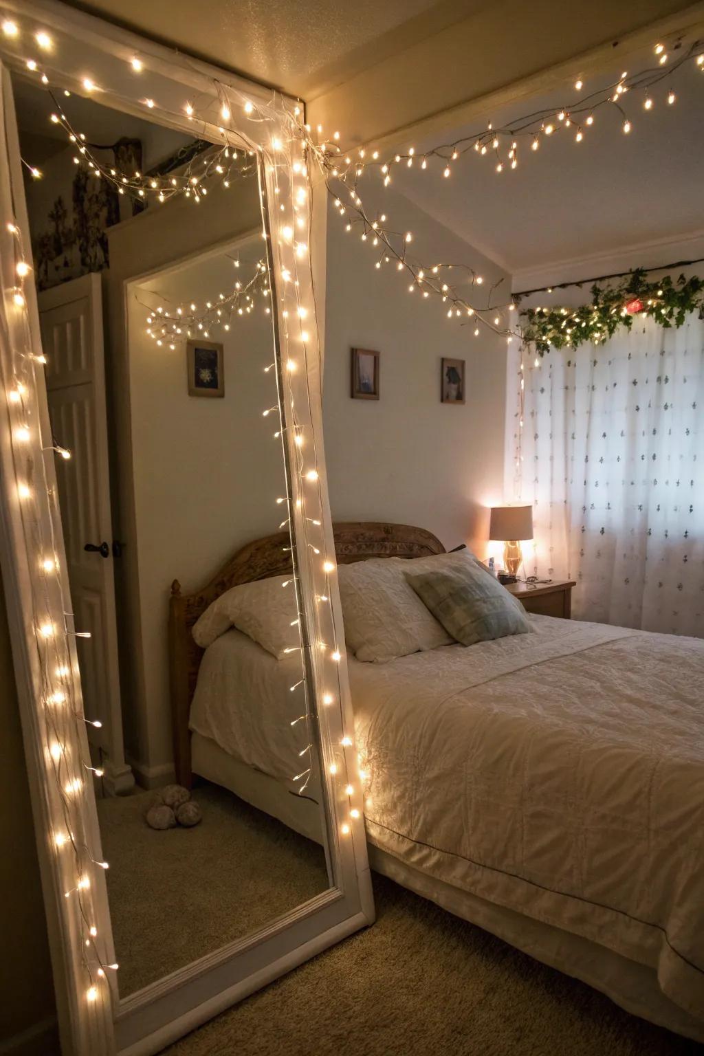 Bedroom imbued with a whimsical illumination from twinkle lights.