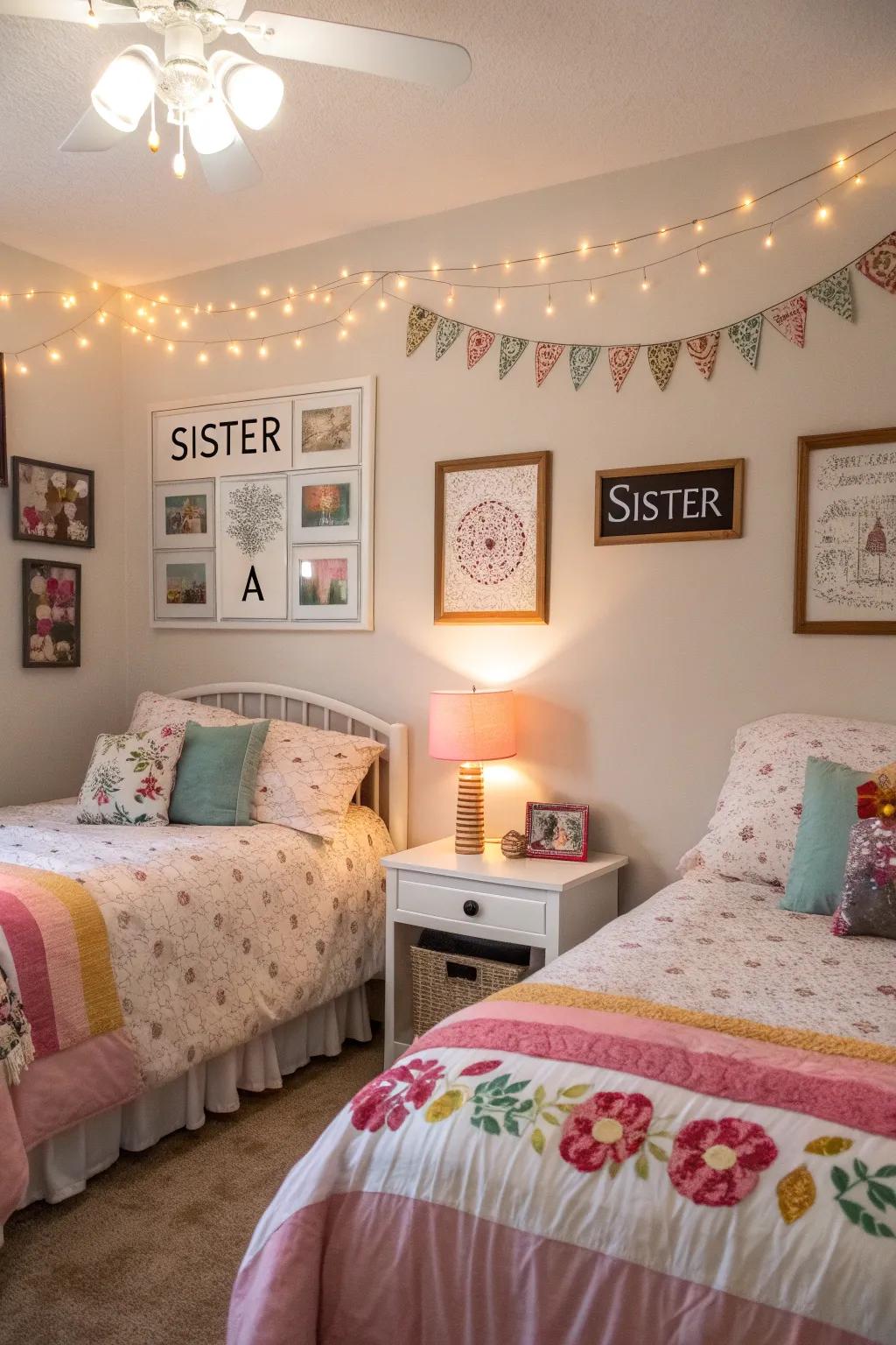 Distinct personal touches for each sister within a shared room.