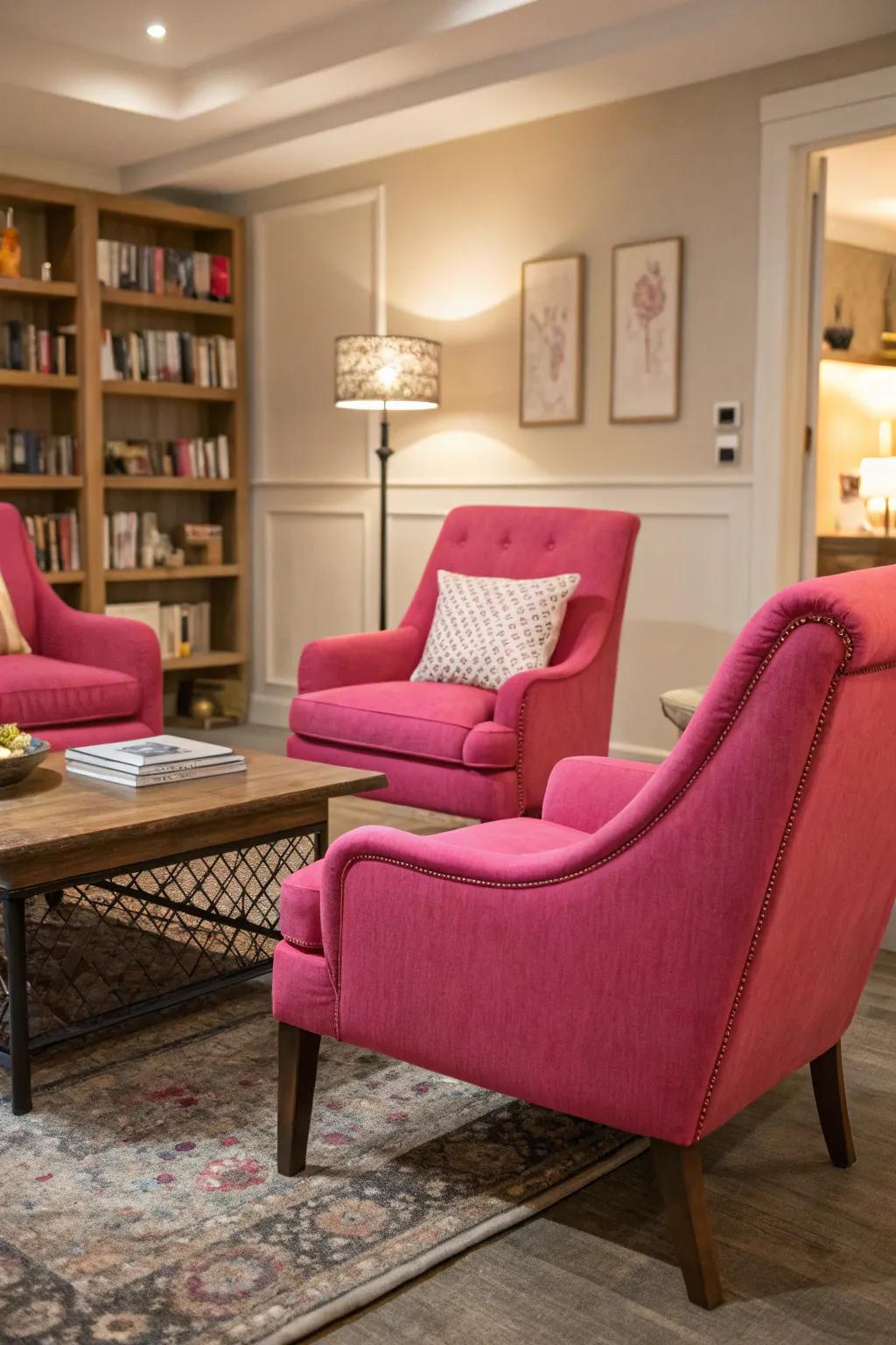 Rose accent seating introduces both color and comfort to the living area.