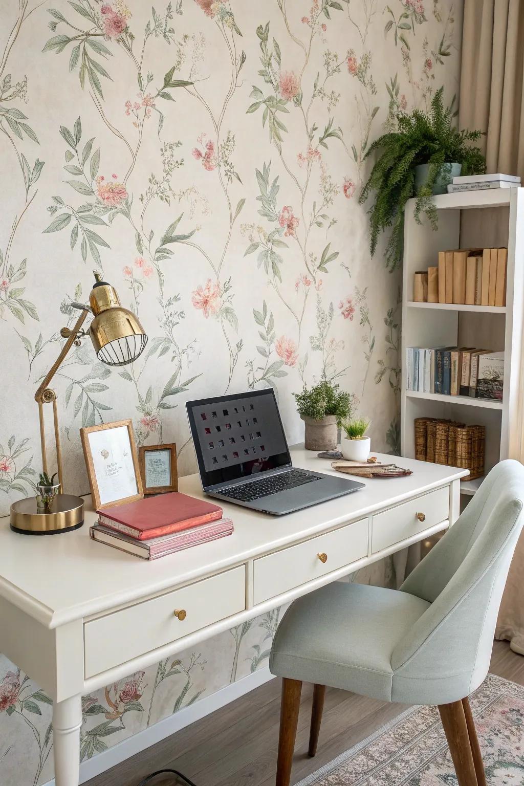 A home office showcased with delicate botanical wall covering, building an inspiring space.