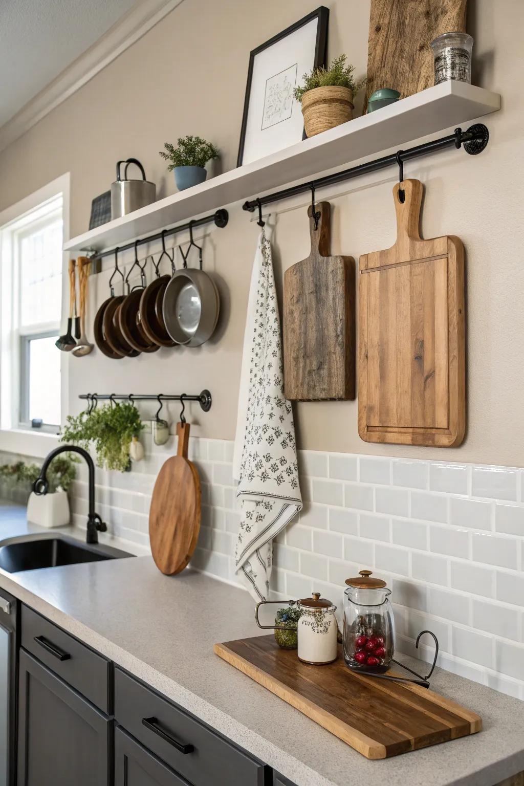 Wall-mounted supports elegantly presenting cutting boards.