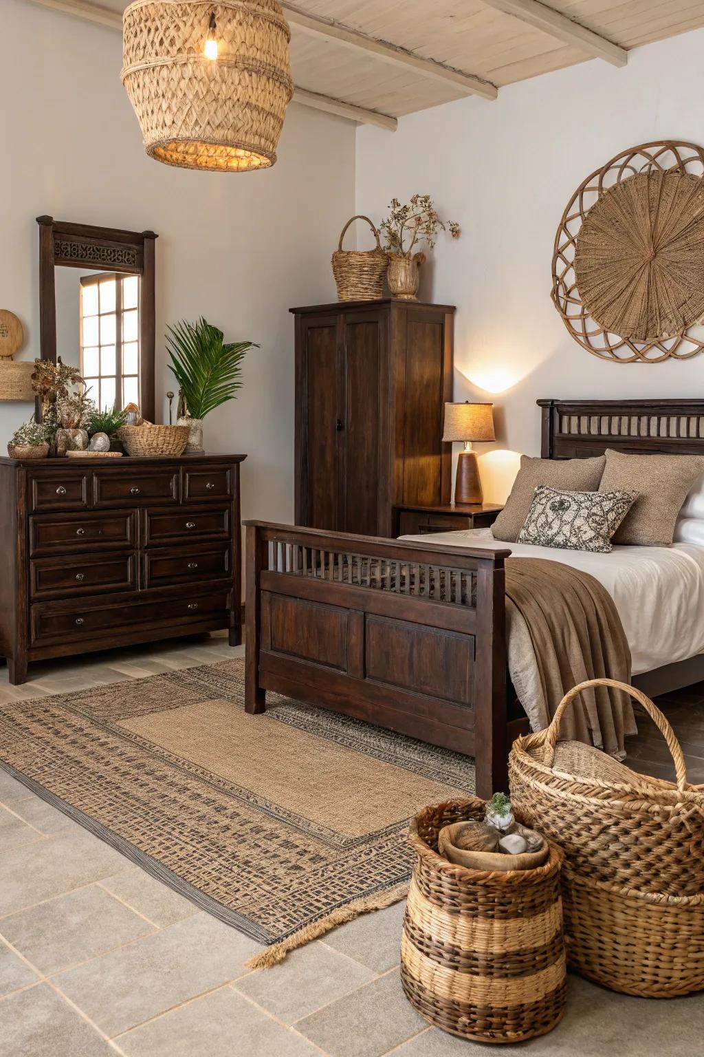 Raw sensations harmonize beautifully with the steadfast nature of deep brown furniture.
