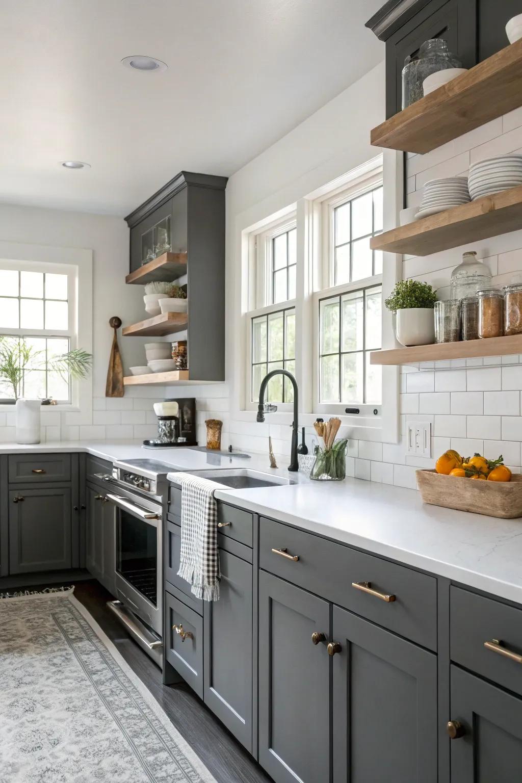 Charcoal-toned cabinets beautifully contrasted with ivory countertops for a striking visual.