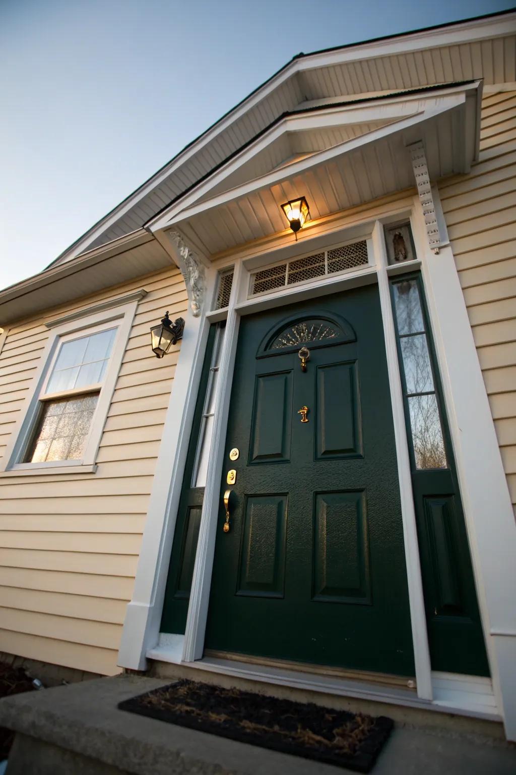 The dark green door is strikingly emphasized against a light cream backdrop.