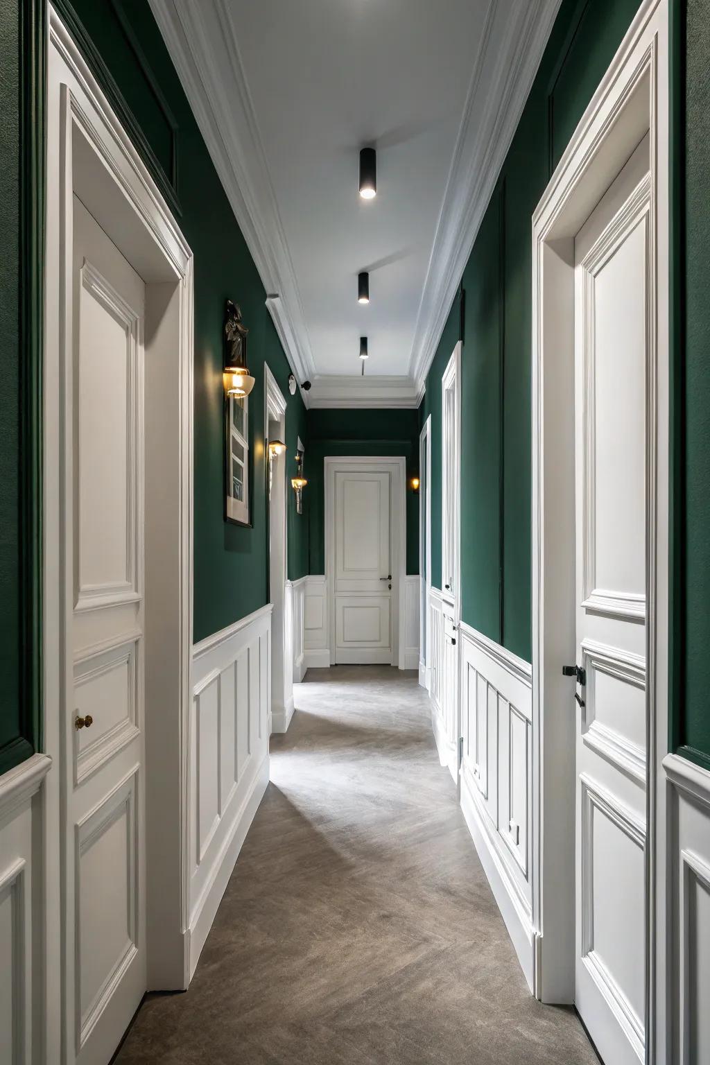 White features present a refreshing contrast against walls of dark green.
