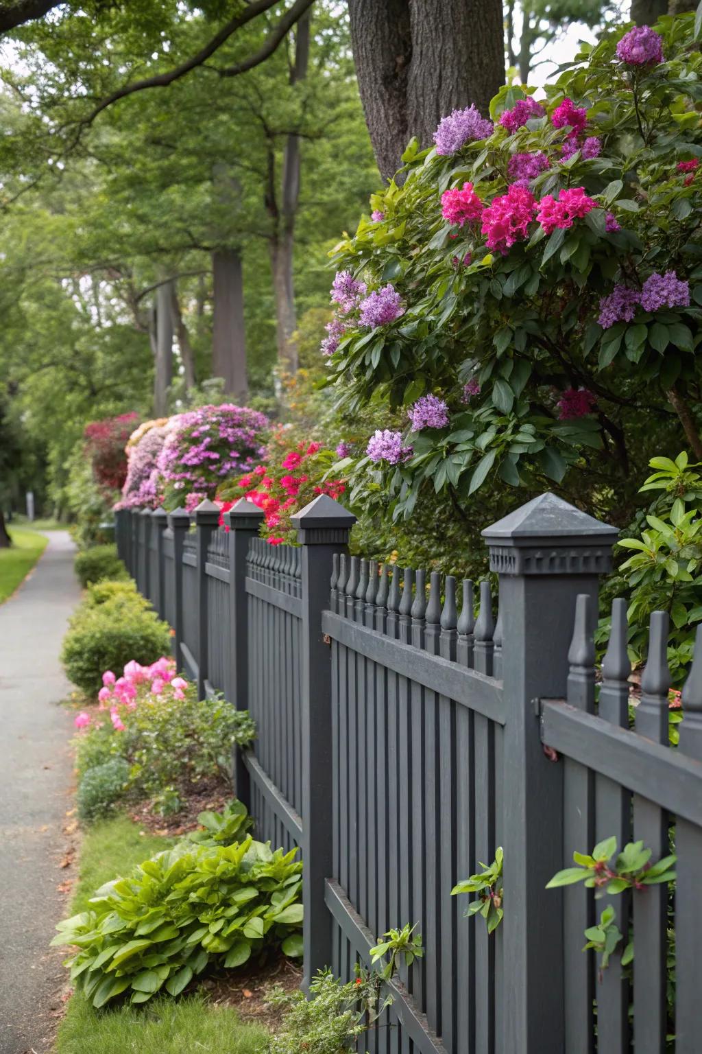 Vibrant flowers and lush plants make a statement against a charcoal-toned fence.