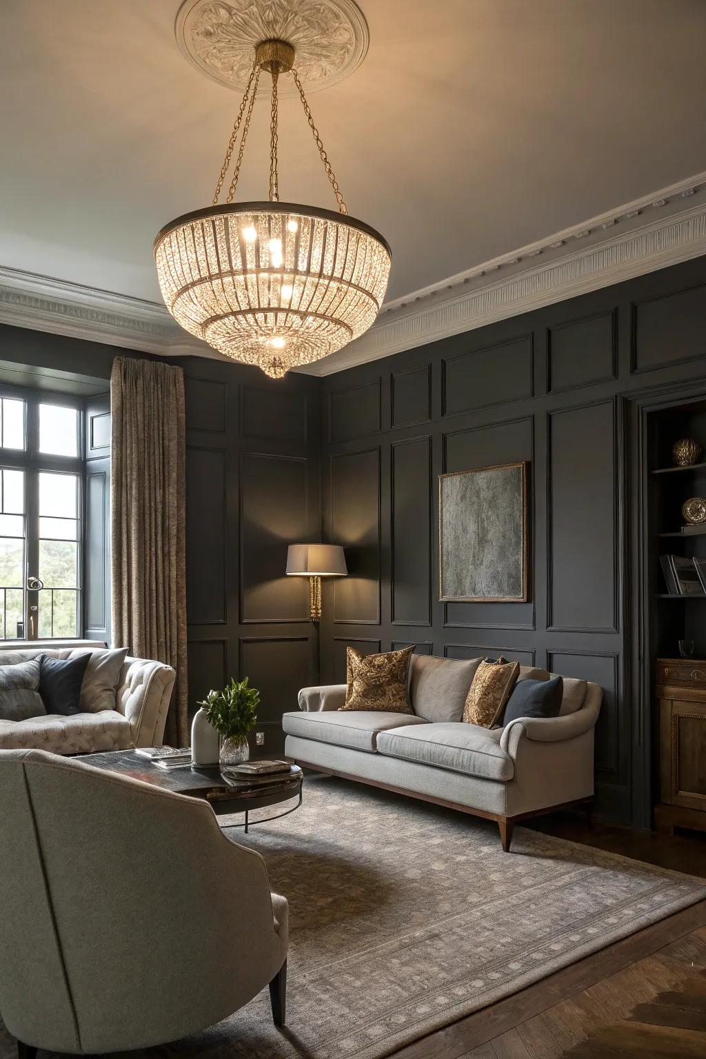 Statement lighting enhancing the mood of a dark grey room.