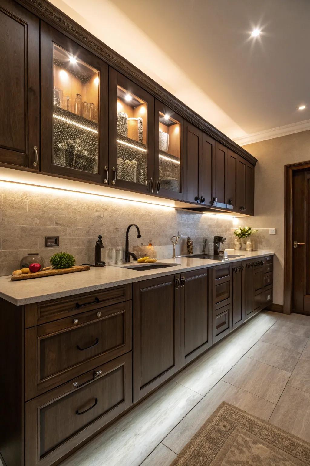 Focused lighting enhances the sophistication and dimension of dark kitchen cabinets.