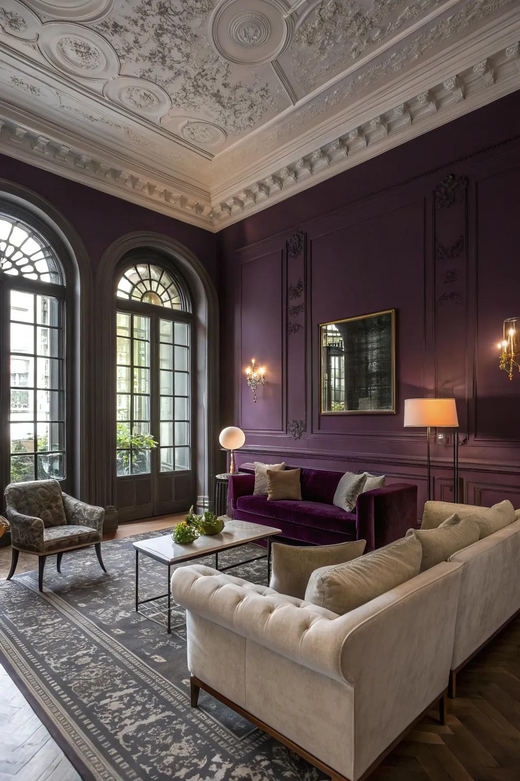 Walls in deep violet establish a striking setting in this sophisticated living area.