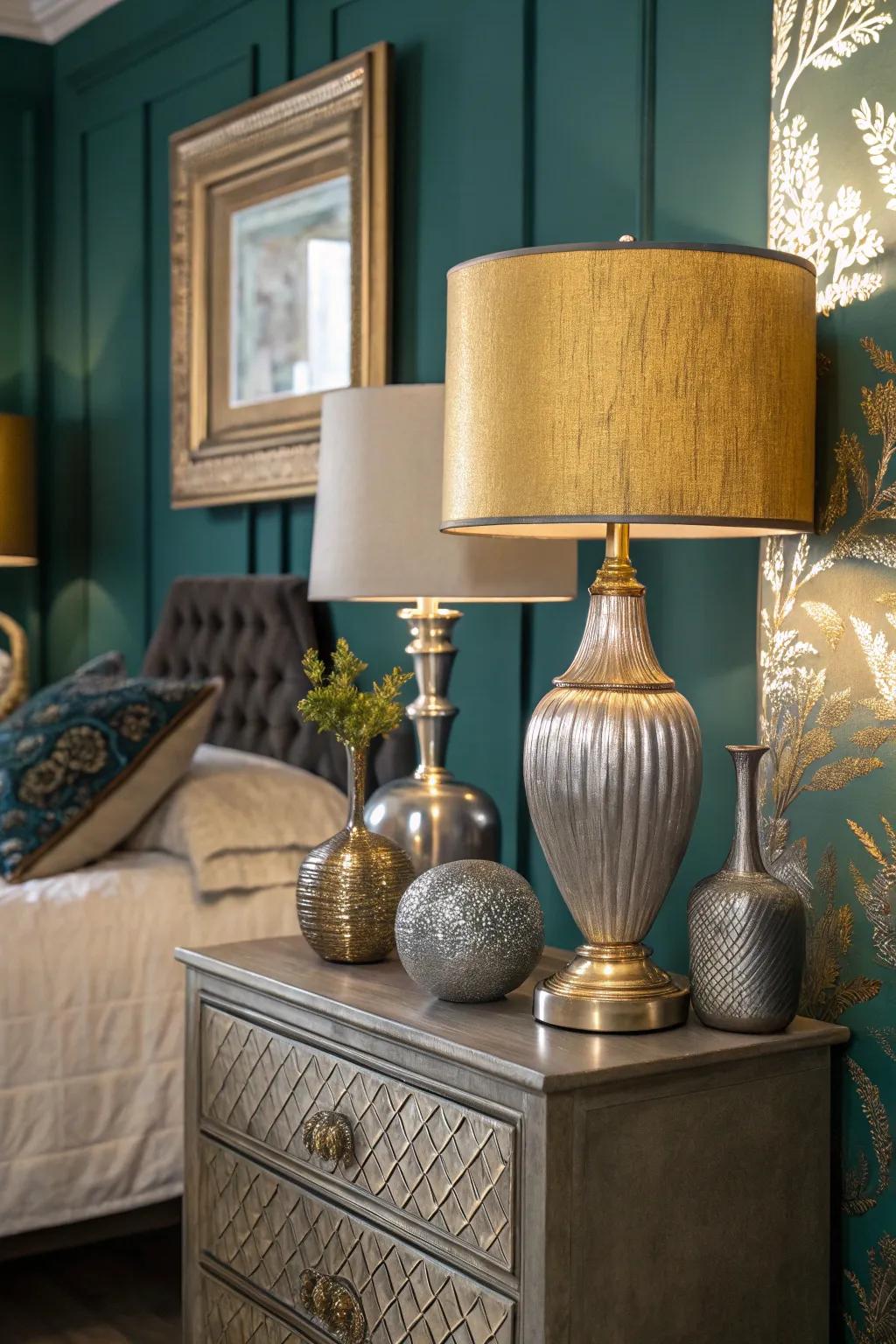 Metallic touches add a high-end accent to the bedroom.
