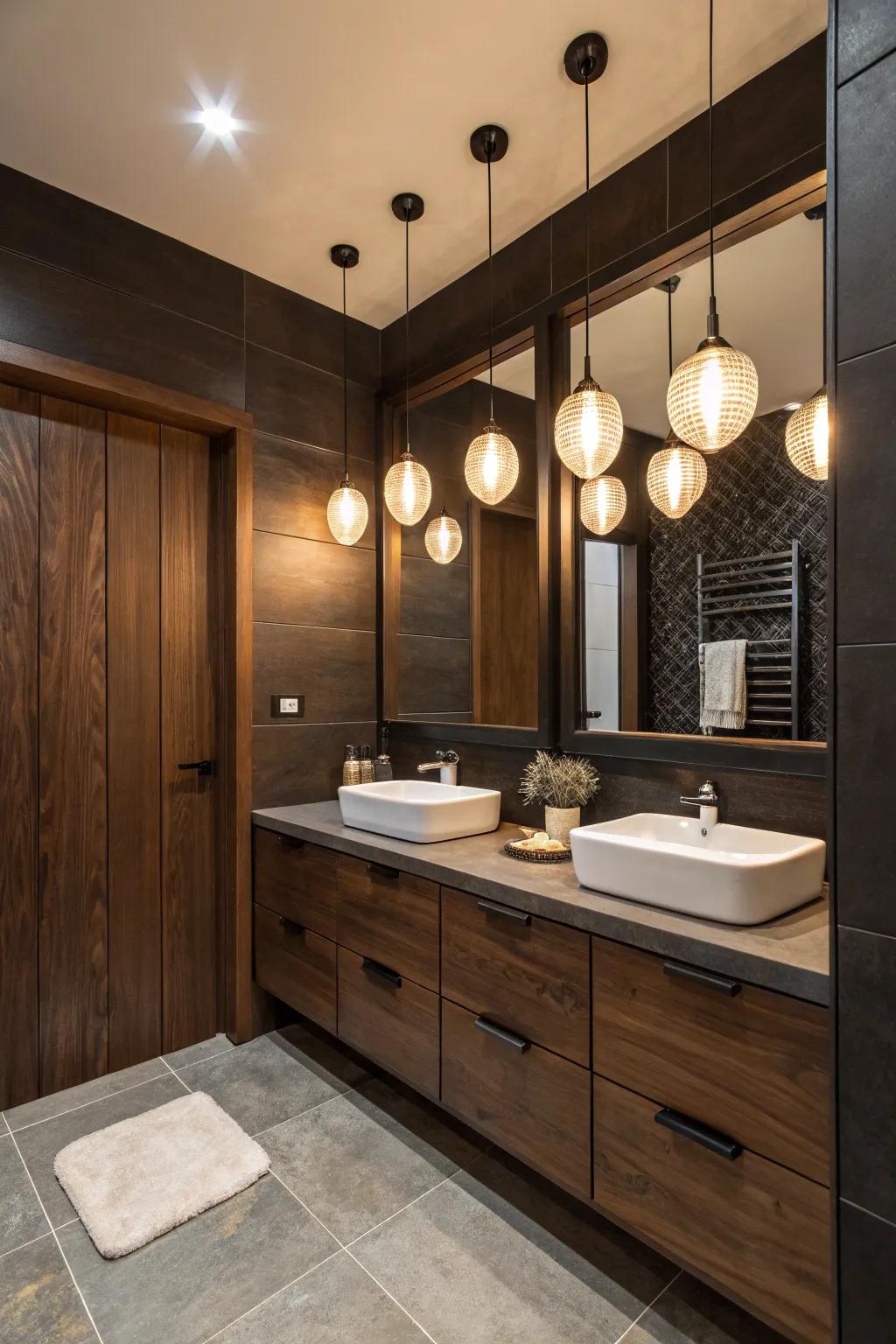 Subtle illumination emphasizes the deep wood attributes within this bathroom.