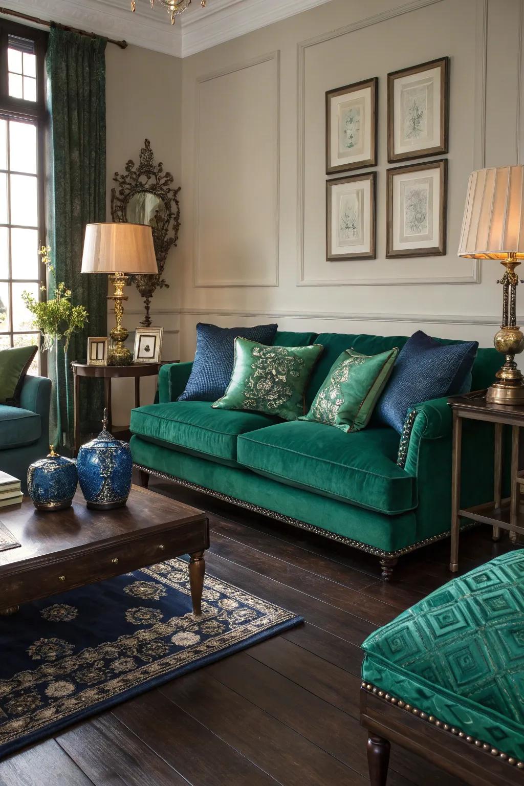 Jewel tones bring a sophisticated edge to a living room featuring dark wood floors.