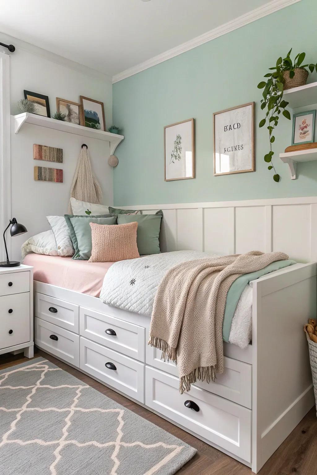 A daybed designed with integrated storage, ideal for maximizing space in smaller rooms.