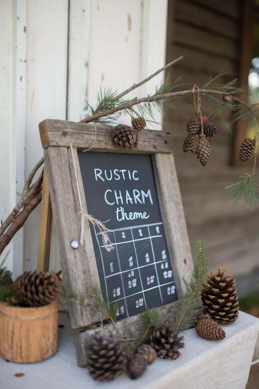 A provincial-themed chalkboard calendar embellished with natural elements.