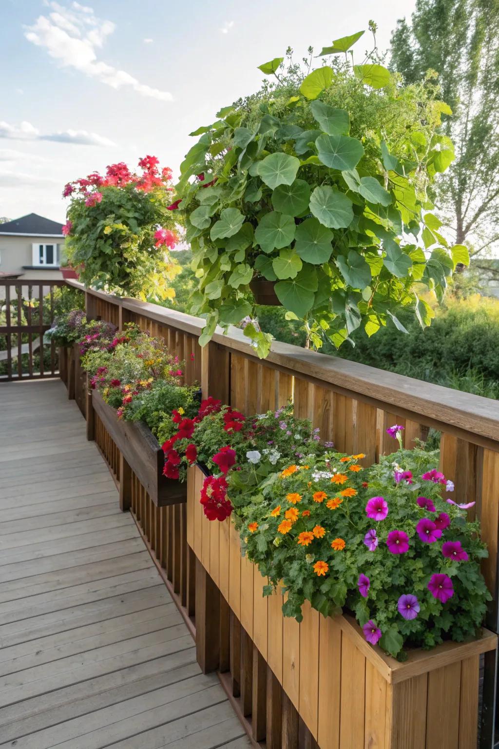 Integrated flower beds impart a lush, natural sensation to this deck.