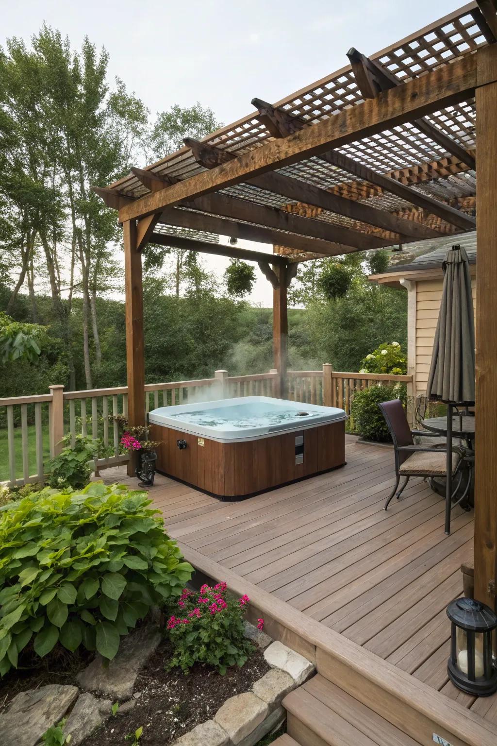 An elegant pergola gives form and shade for a hot tub.