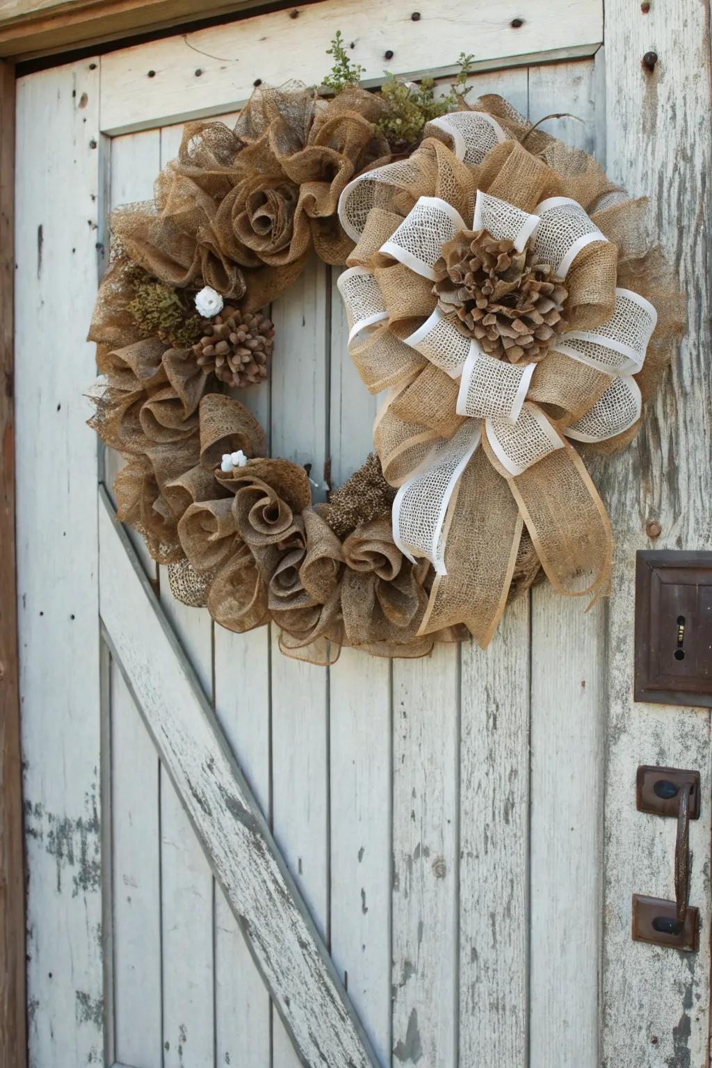 A rustic wreath, harmonizing deco mesh and burlap for a farmhouse aesthetic.