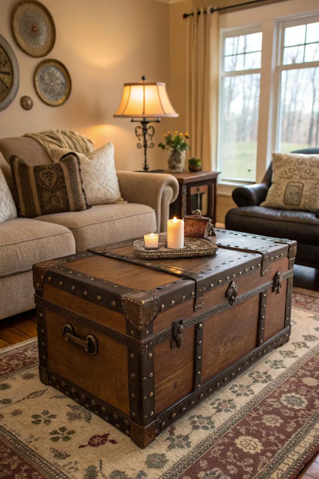 A vintage chest incorporates practicality and design as a center table.