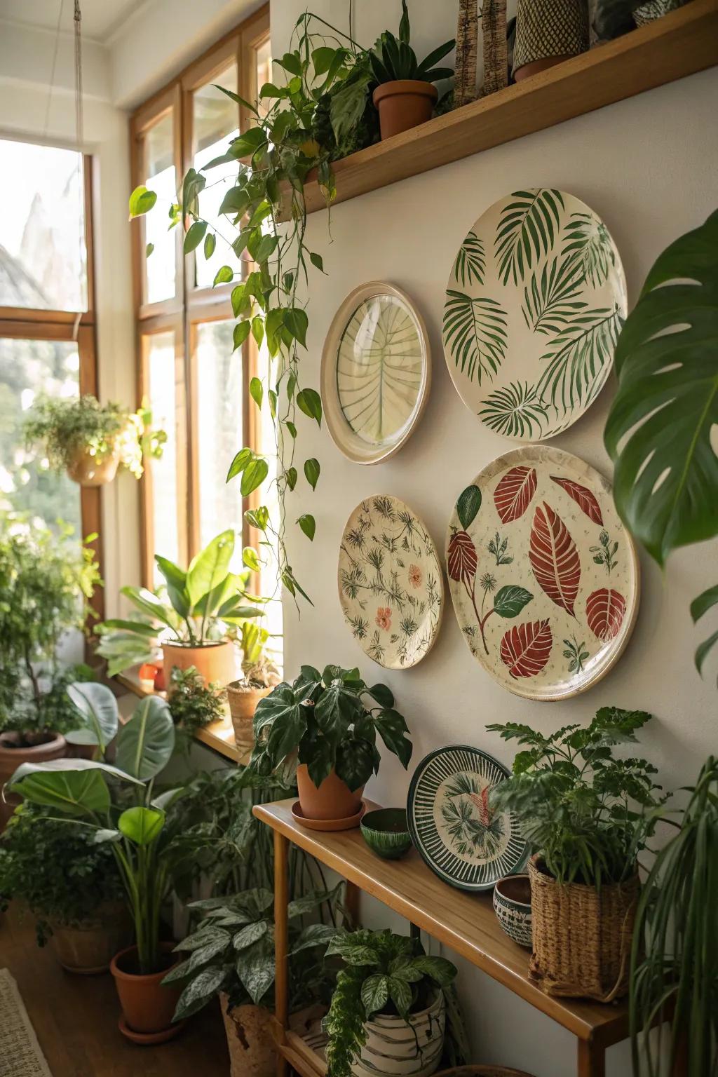 Botanical-themed plates matched with rich greenery produce a refreshing appearance.