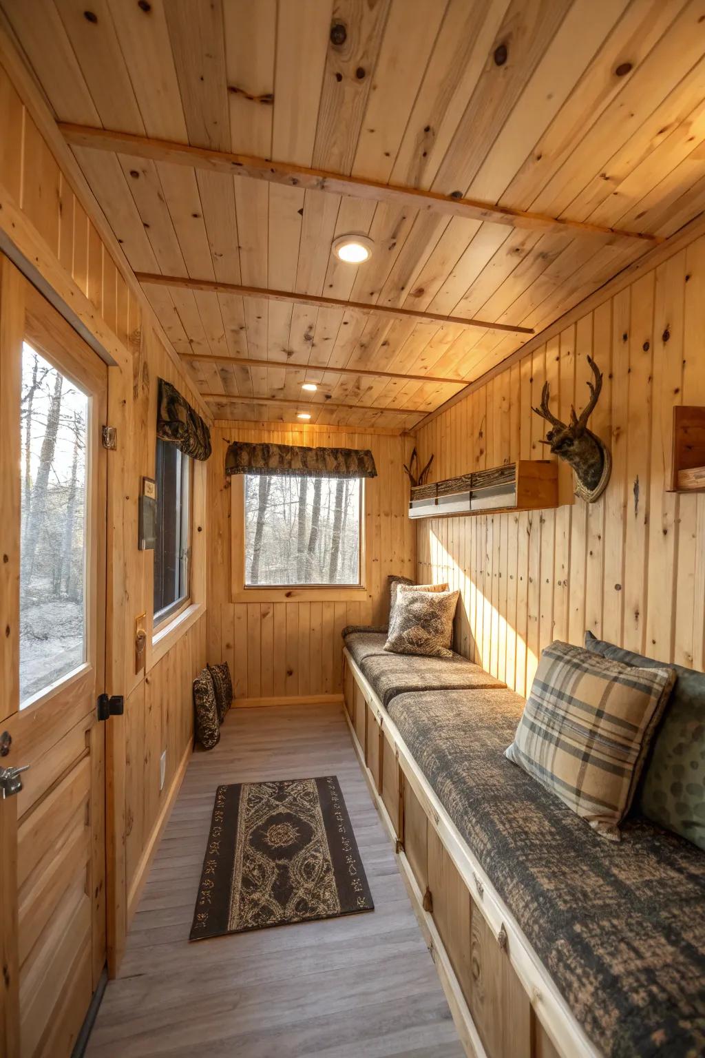 Natural wood paneling adds warmth and helps the blind blend into its environment.